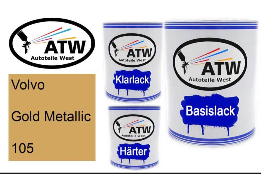Volvo, Gold Metallic, 105: 1L Lackdose + 1L Klarlack + 500ml Härter - Set, von ATW Autoteile West.